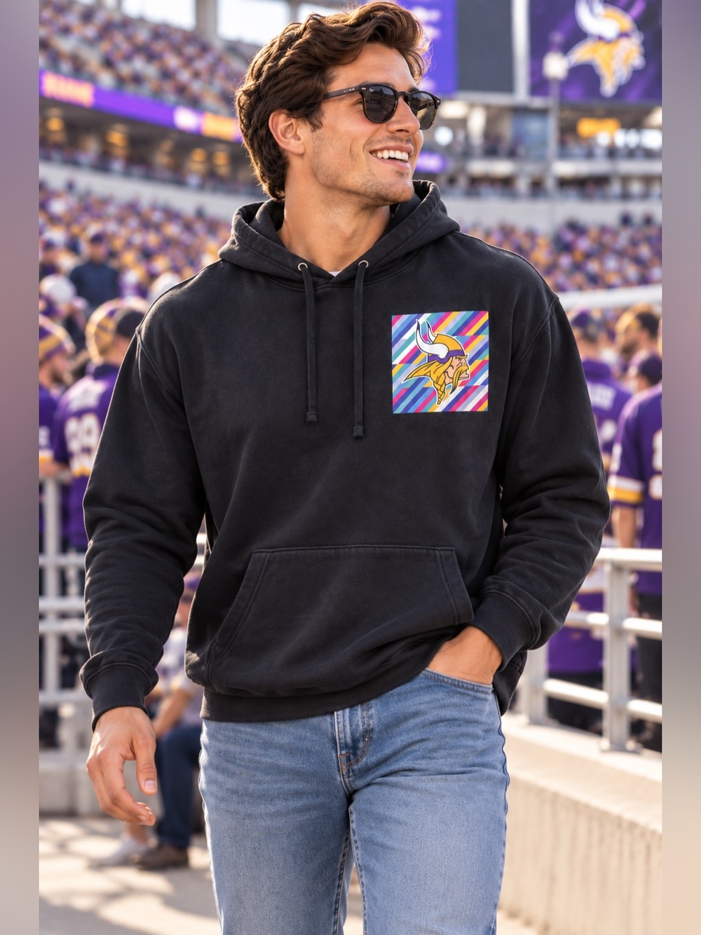 Nike Minnesota Vikings NFL Crucial Catch Hoodie Black Mens L Cancer Awareness